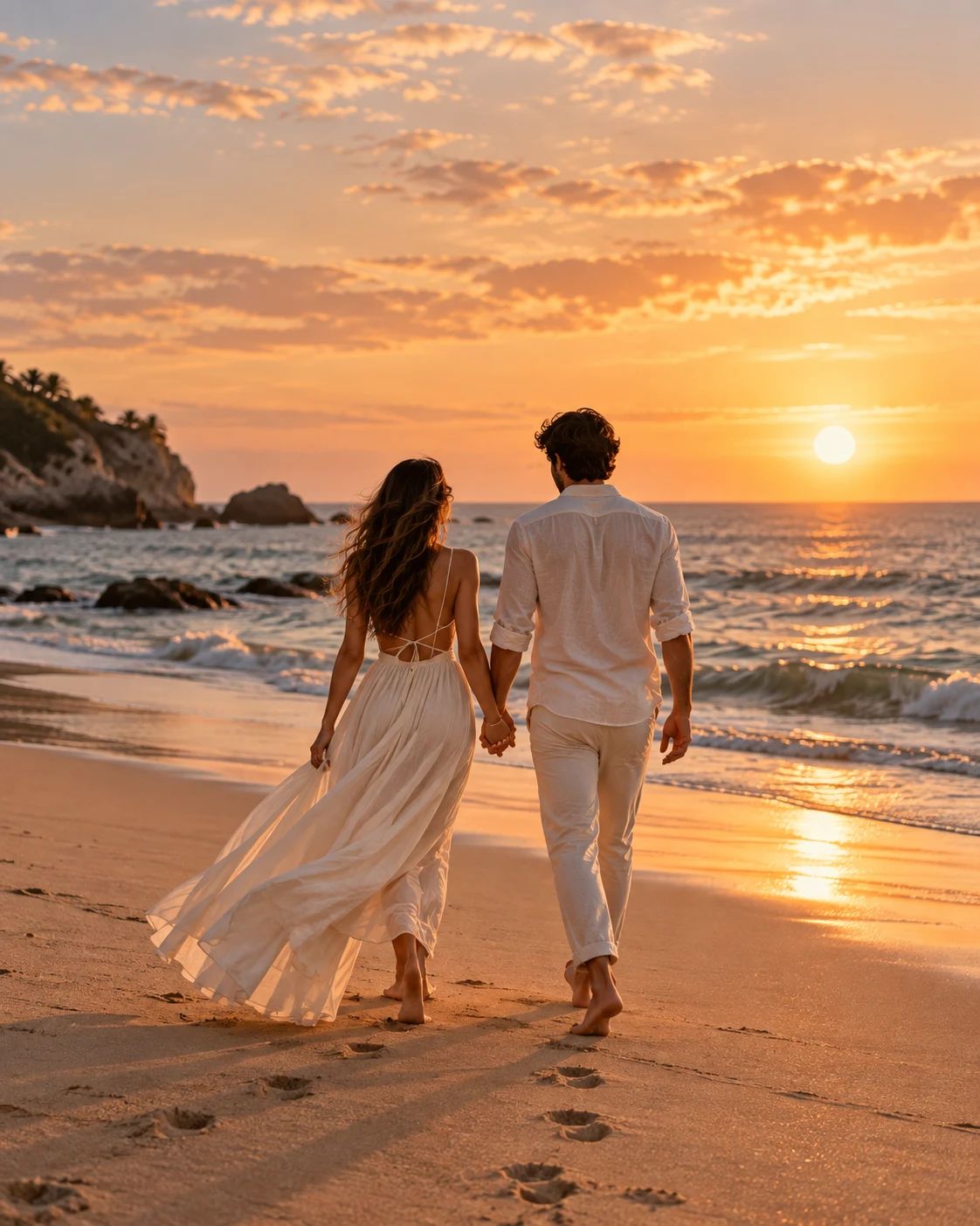 Pareja caminando hacia el mar al despedirse
